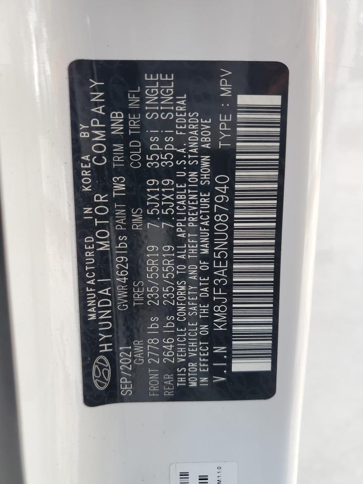 2022 Hyundai Tucson VIN KM8JF3AE5NU087940 Copart auction photo, rear end / side damage thumbnail 13
