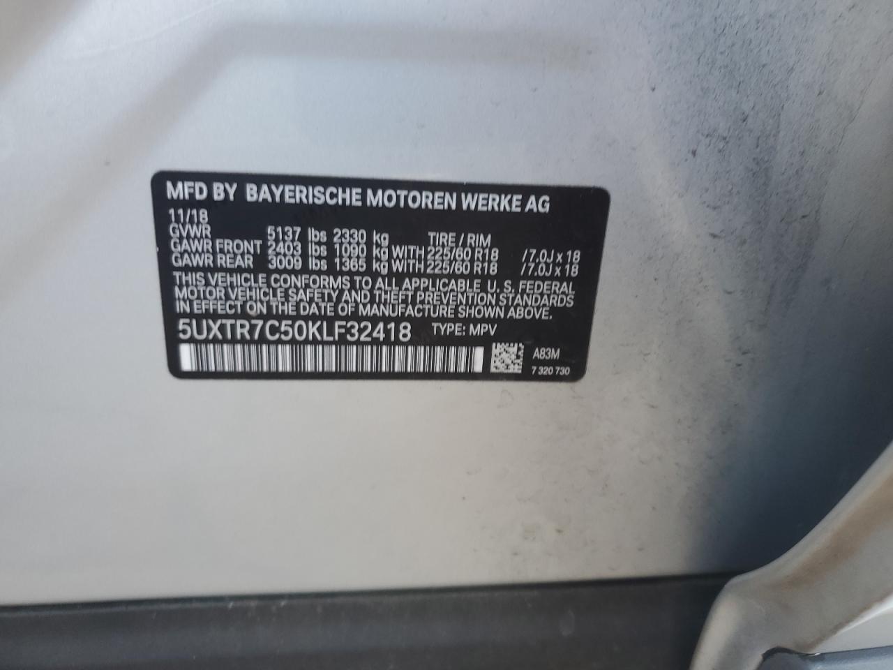 2019 BMW X3 VIN 5UXTR7C50KLF32418 Copart auction photo, undercarriage / mechanical damage thumbnail 13