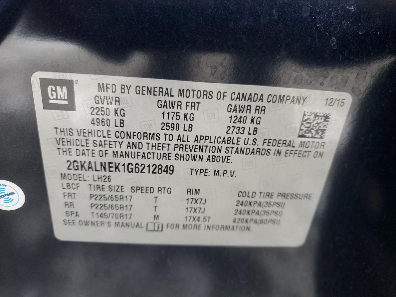 2016 GMC Terrain VIN 2GKALNEK1G6212849 Copart auction photo, mechanical damage thumbnail 13