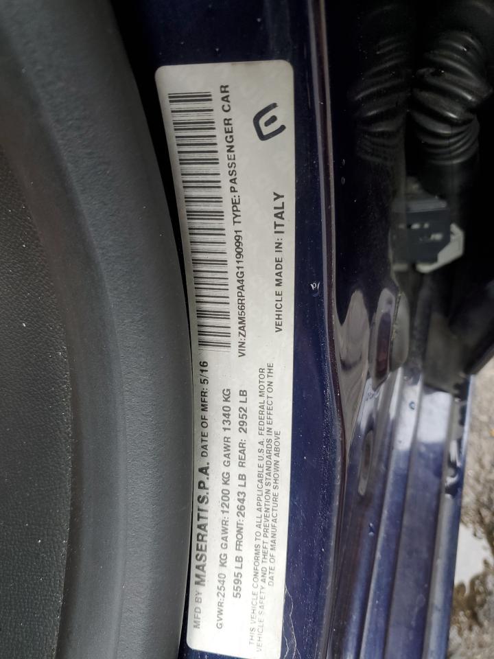 2016 Maserati Quattroporte VIN ZAM56RPA4G1190991 Copart auction photo, front end / rear end damage thumbnail 12