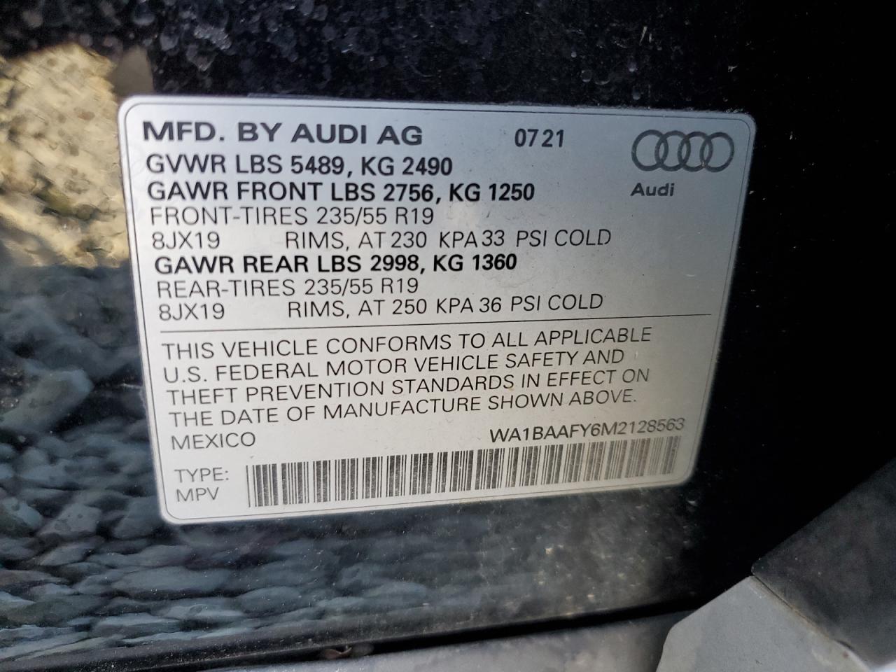 2021 Audi Q5 VIN WA1BAAFY6M2128563 Copart auction photo, front end / rear end damage thumbnail 13