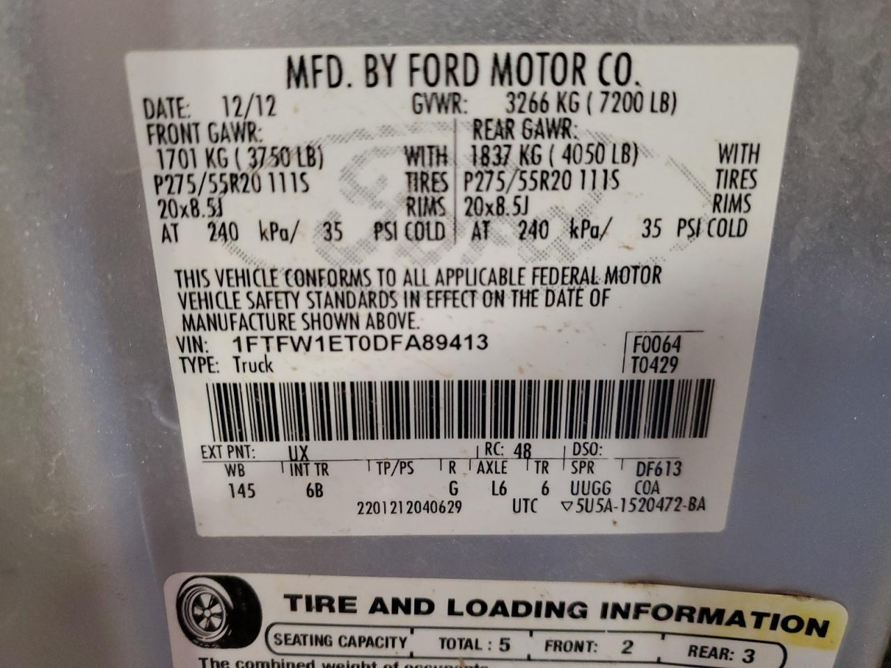 2013 Ford F-150 VIN 1FTFW1ET0DFA89413 Copart auction photo, front end damage thumbnail 13