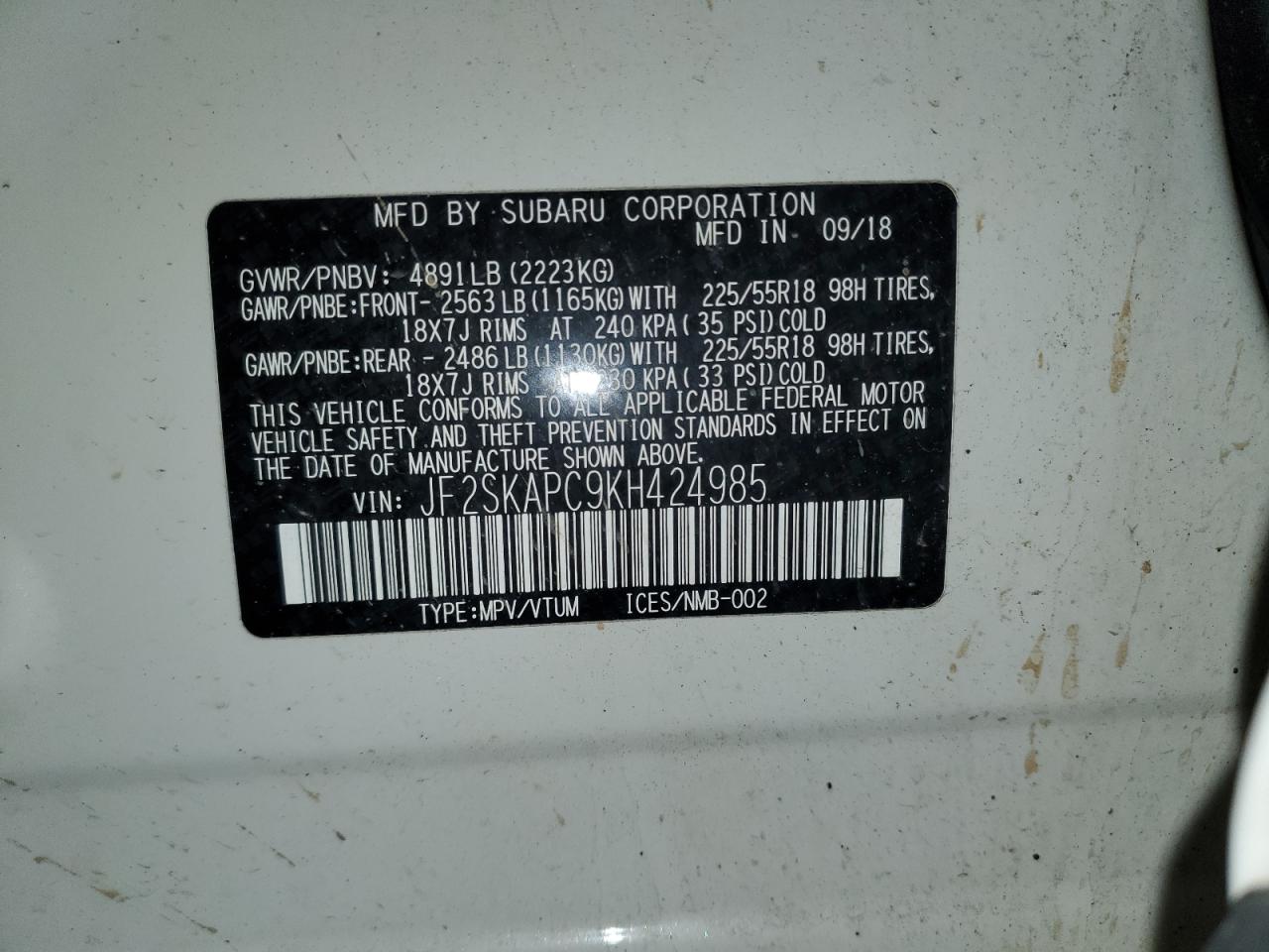 2019 Subaru Forester VIN JF2SKAPC9KH424985 Copart auction photo, front end damage thumbnail 13