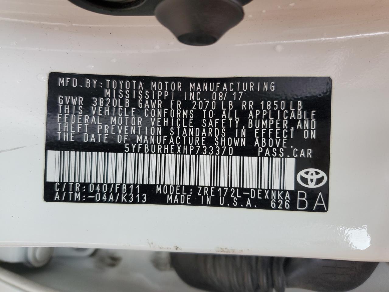 2017 Toyota Corolla VIN 5YFBURHEXHP733370 Copart auction photo, side / front end damage thumbnail 13