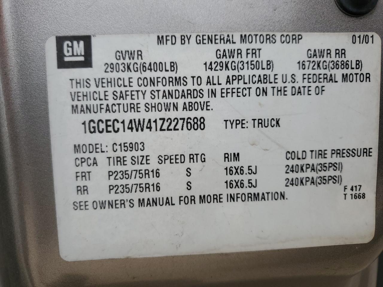 2001 Chevrolet Silverado VIN 1GCEC14W41Z227688 Copart auction photo, front end / minor dent/scratches damage thumbnail 12