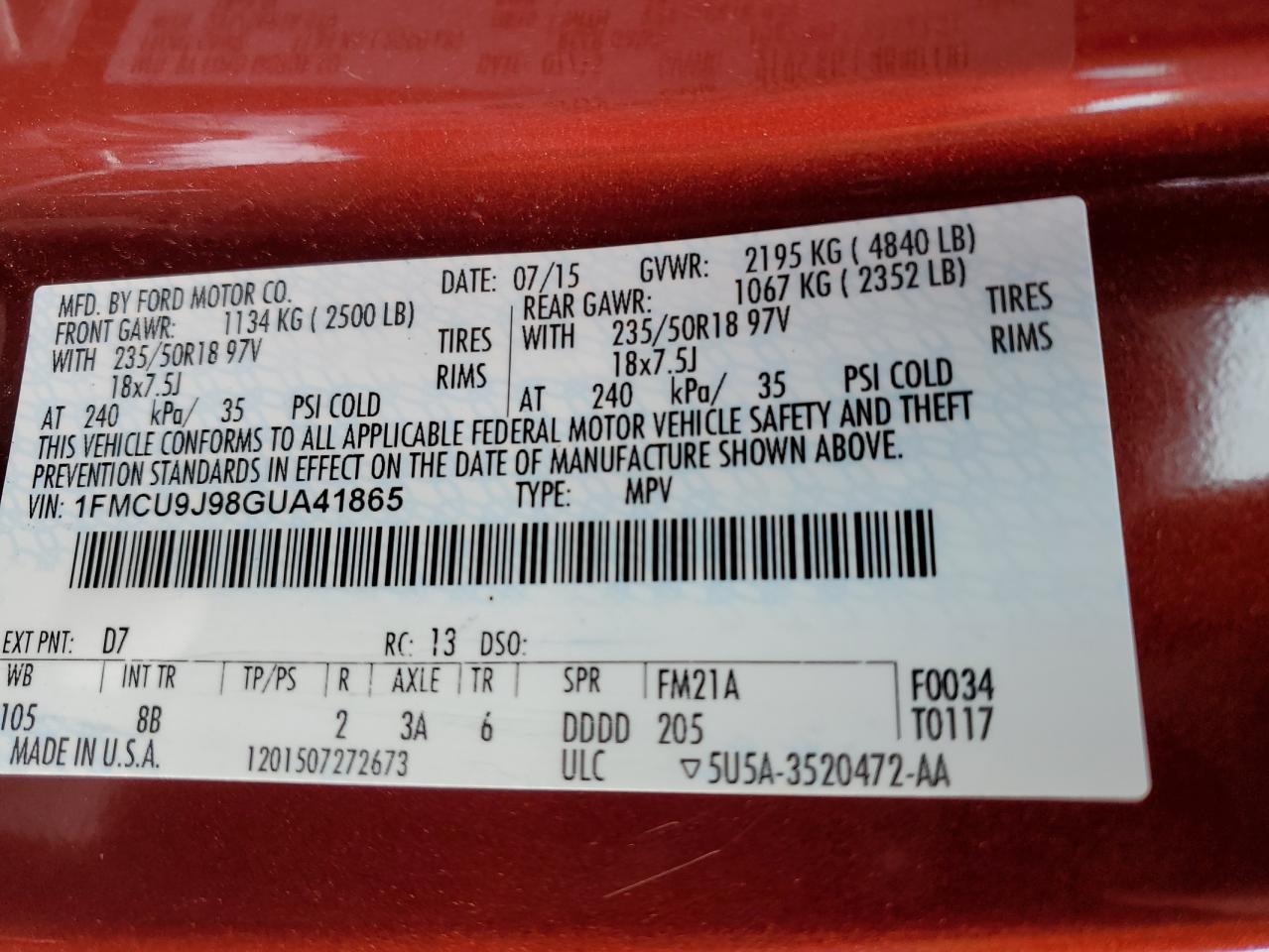 2016 Ford Escape VIN 1FMCU9J98GUA41865 Copart auction photo, front end damage thumbnail 14