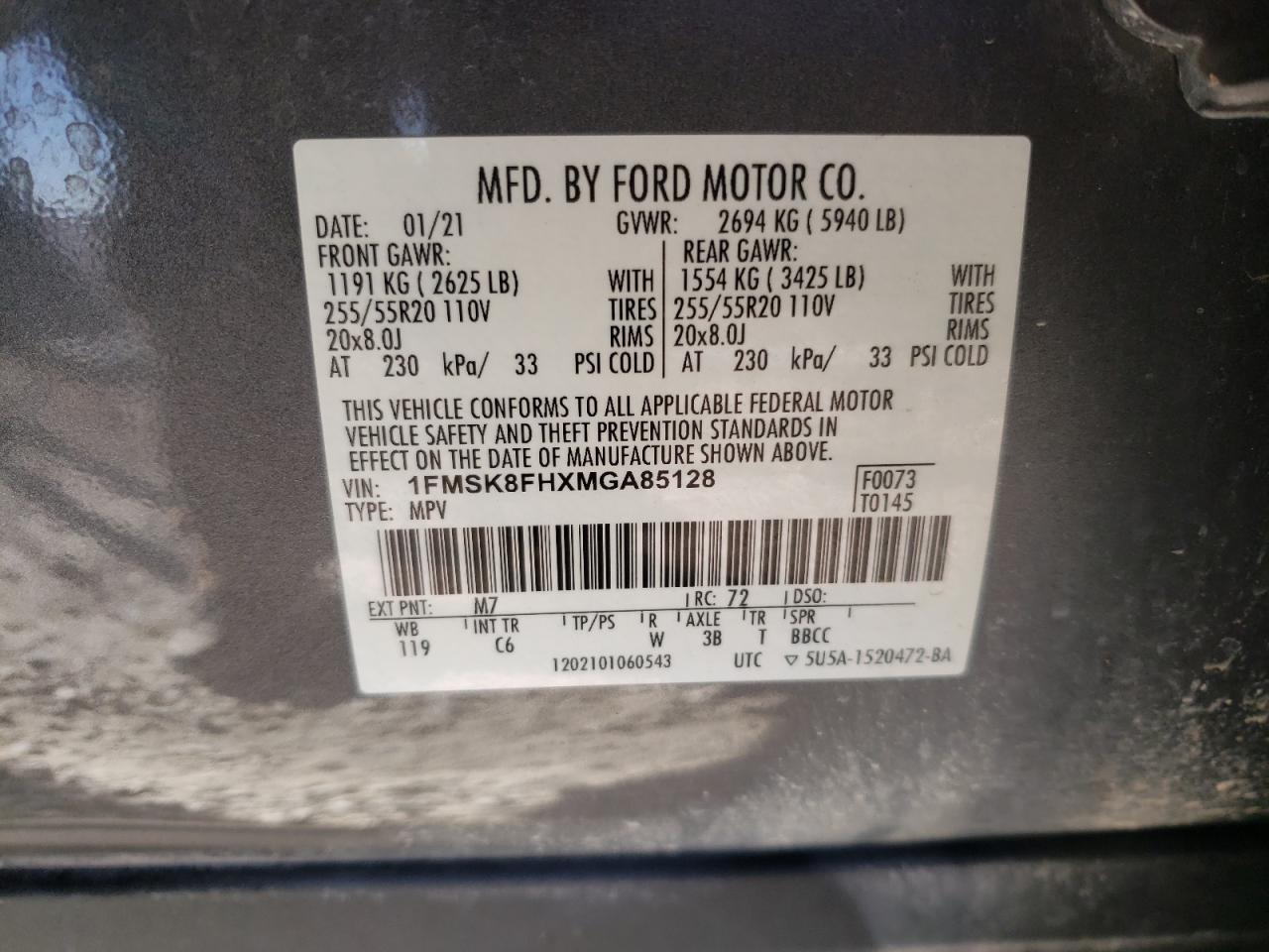 2021 Ford Explorer VIN 1FMSK8FHXMGA85128 Copart auction photo, side / undercarriage damage thumbnail 14