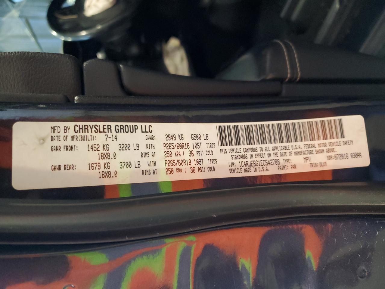 2014 Jeep Grand Cherokee VIN 1C4RJEBG1EC542788 Copart auction photo, front end damage thumbnail 13