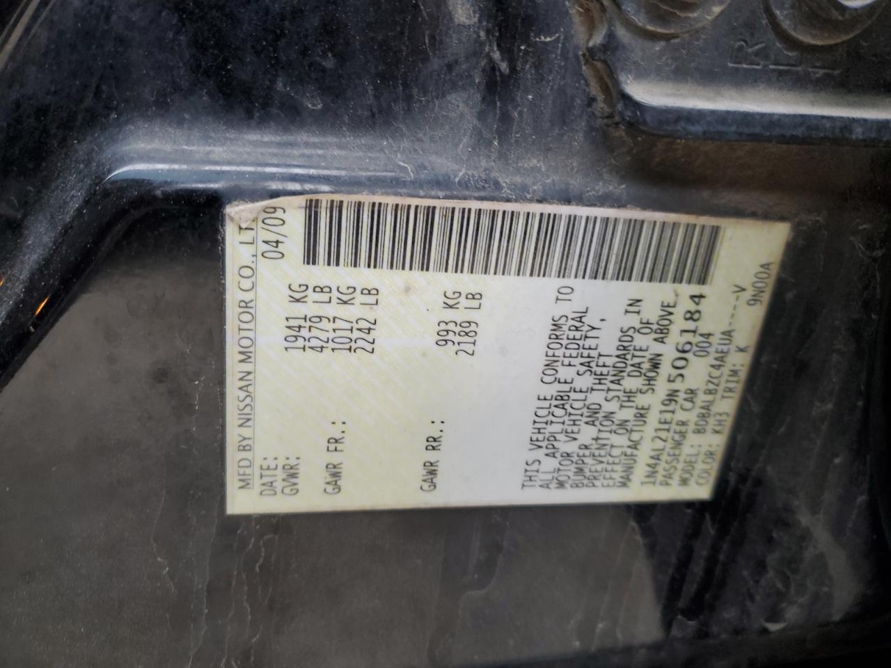 2009 Nissan Altima VIN 1N4AL21E19N506184 Copart auction photo, front end damage thumbnail 13