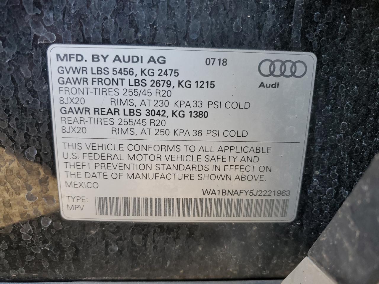 2018 Audi Q5 VIN WA1BNAFY5J2221963 Copart auction photo, front end damage thumbnail 14