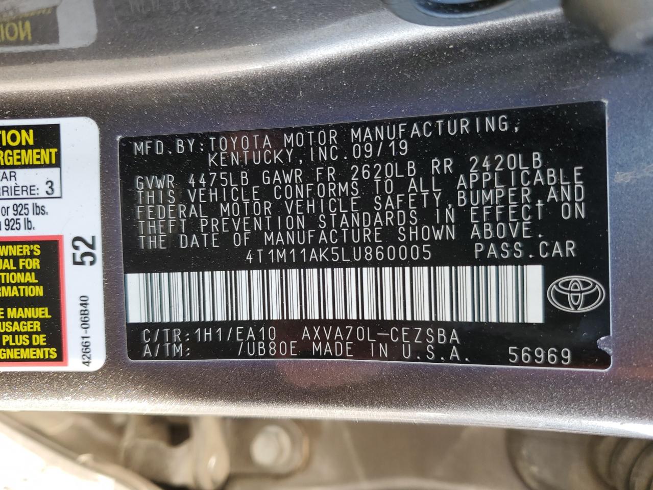 2020 Toyota Camry VIN 4T1M11AK5LU860005 Copart auction photo, side damage thumbnail 12