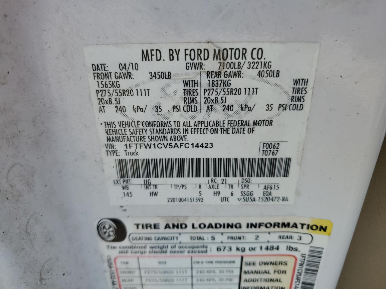 2010 Ford F-150 VIN 1FTFW1CV5AFC14423 Copart auction photo, rollover damage thumbnail 12