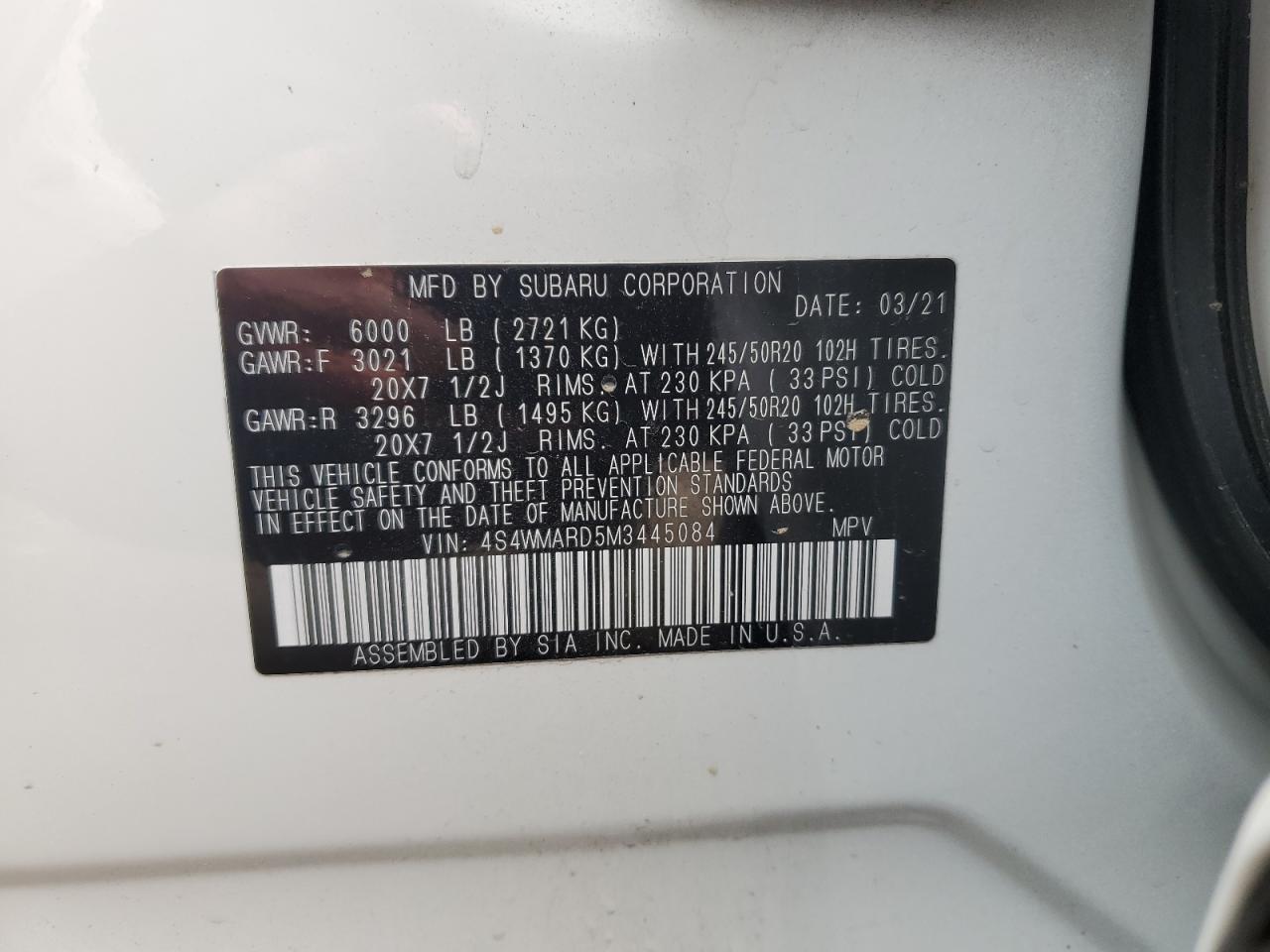 2021 Subaru Ascent VIN 4S4WMARD5M3445084 Copart auction photo, front end / minor dent/scratches damage thumbnail 13