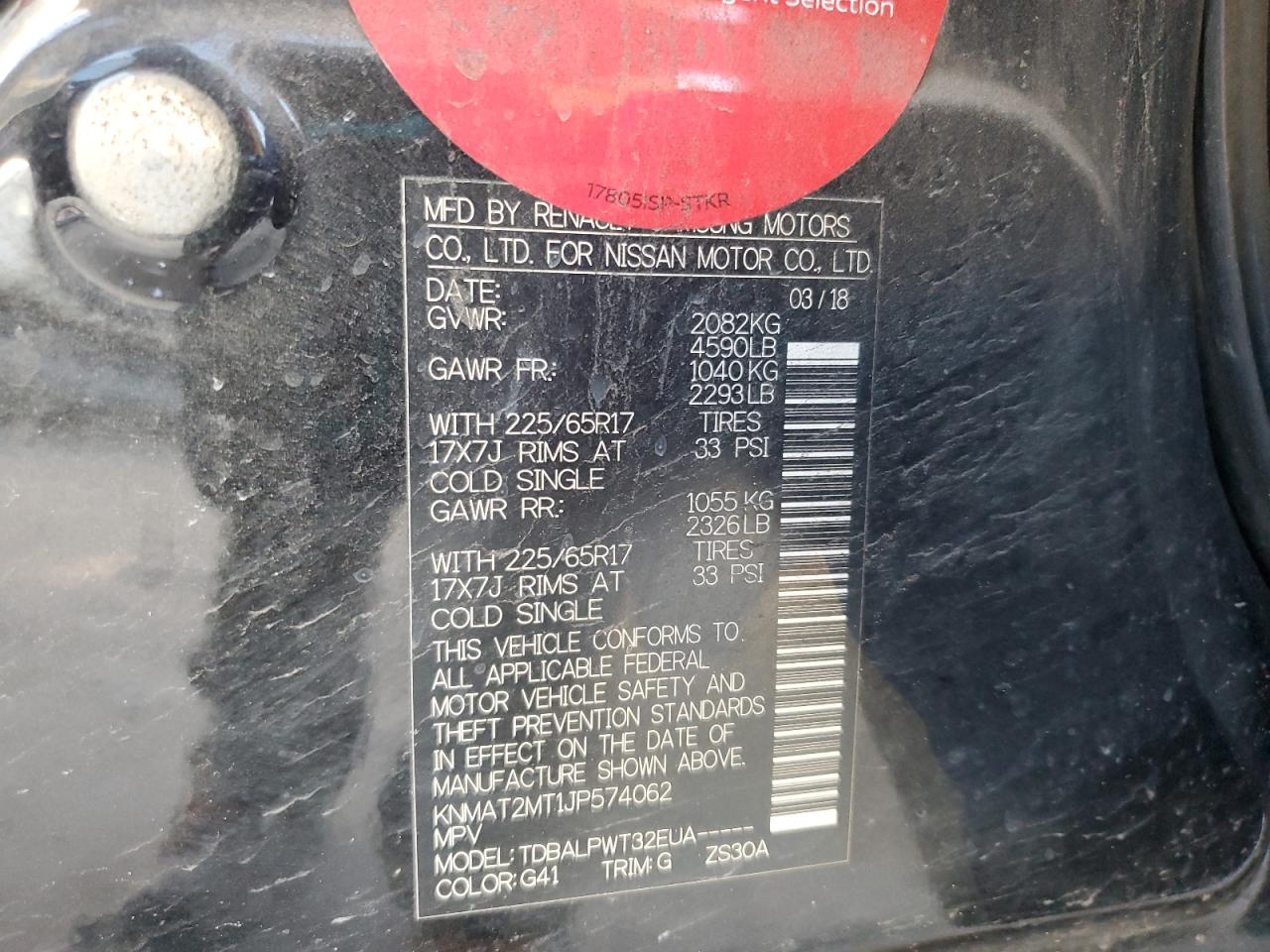 2018 Nissan Rogue VIN KNMAT2MT1JP574062 Copart auction photo, front end / hail damage thumbnail 13