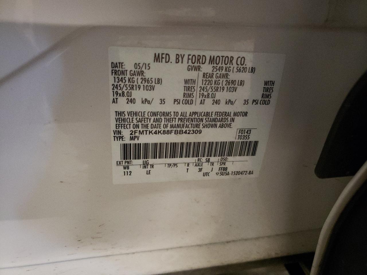 2015 Ford Edge VIN 2FMTK4K88FBB42309 Copart auction photo, front end / side damage thumbnail 13