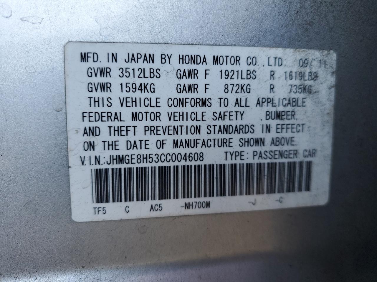 2012 Honda Fit VIN JHMGE8H53CC004608 Copart auction photo, front end / side damage thumbnail 13