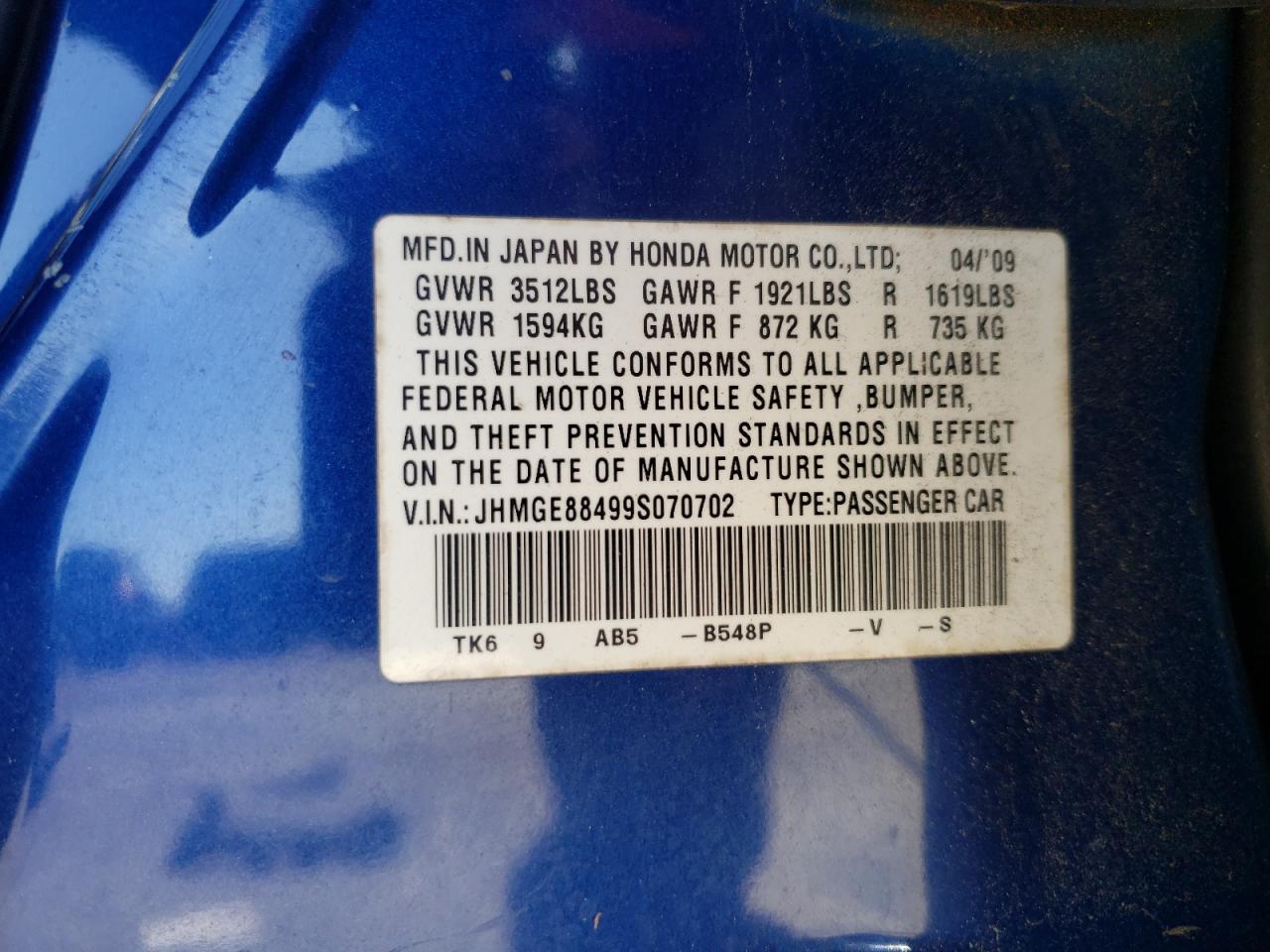 2009 Honda Fit VIN JHMGE88499S070702 Copart auction photo, side damage thumbnail 12