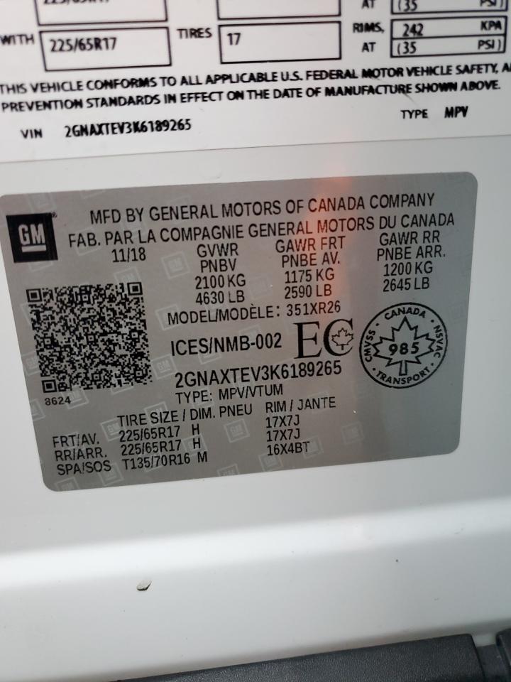 2019 Chevrolet Equinox VIN 2GNAXTEV3K6189265 Copart auction photo, front end damage thumbnail 13