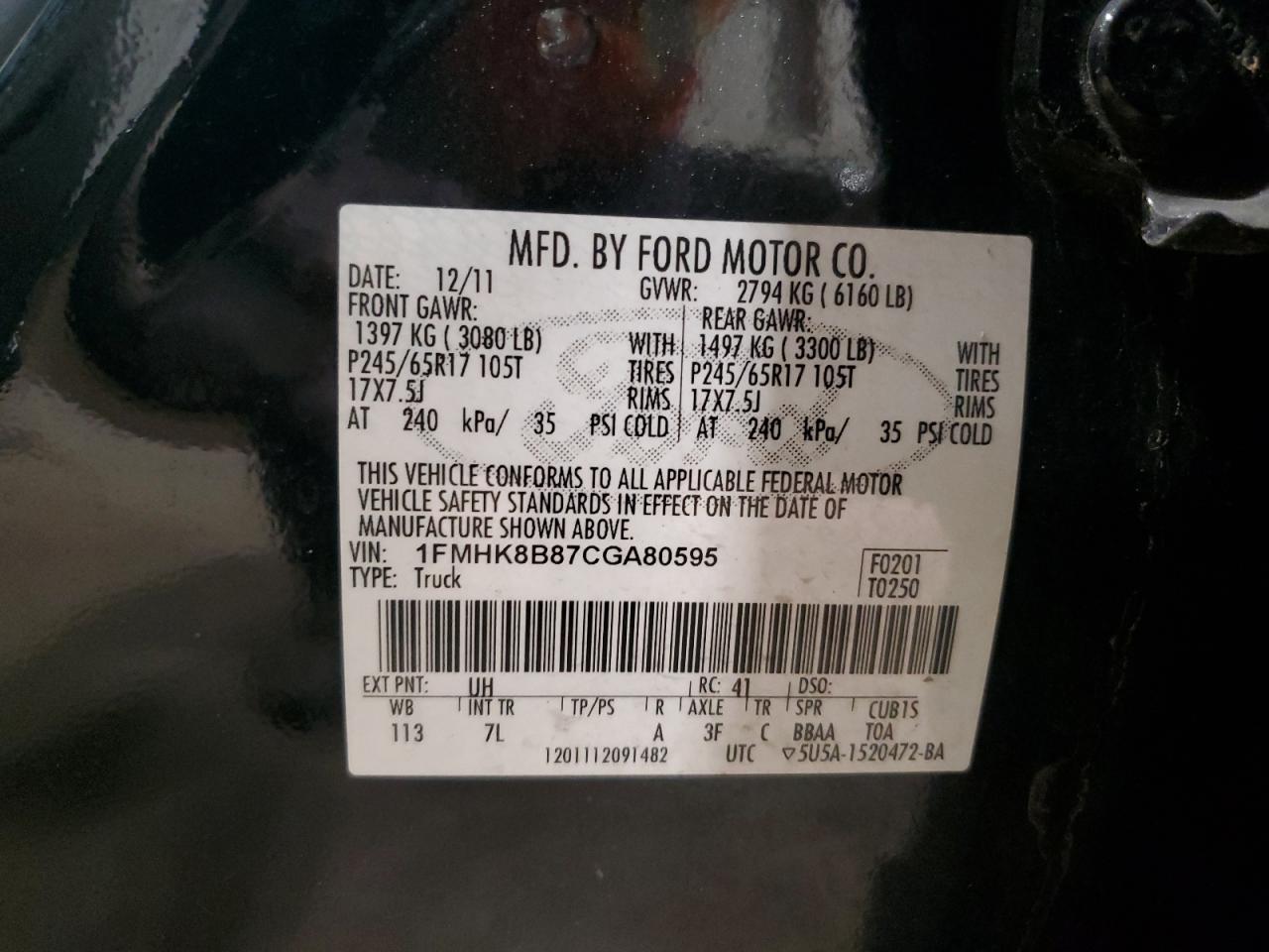 2012 Ford Explorer VIN 1FMHK8B87CGA80595 Copart auction photo, mechanical / rear end damage thumbnail 13