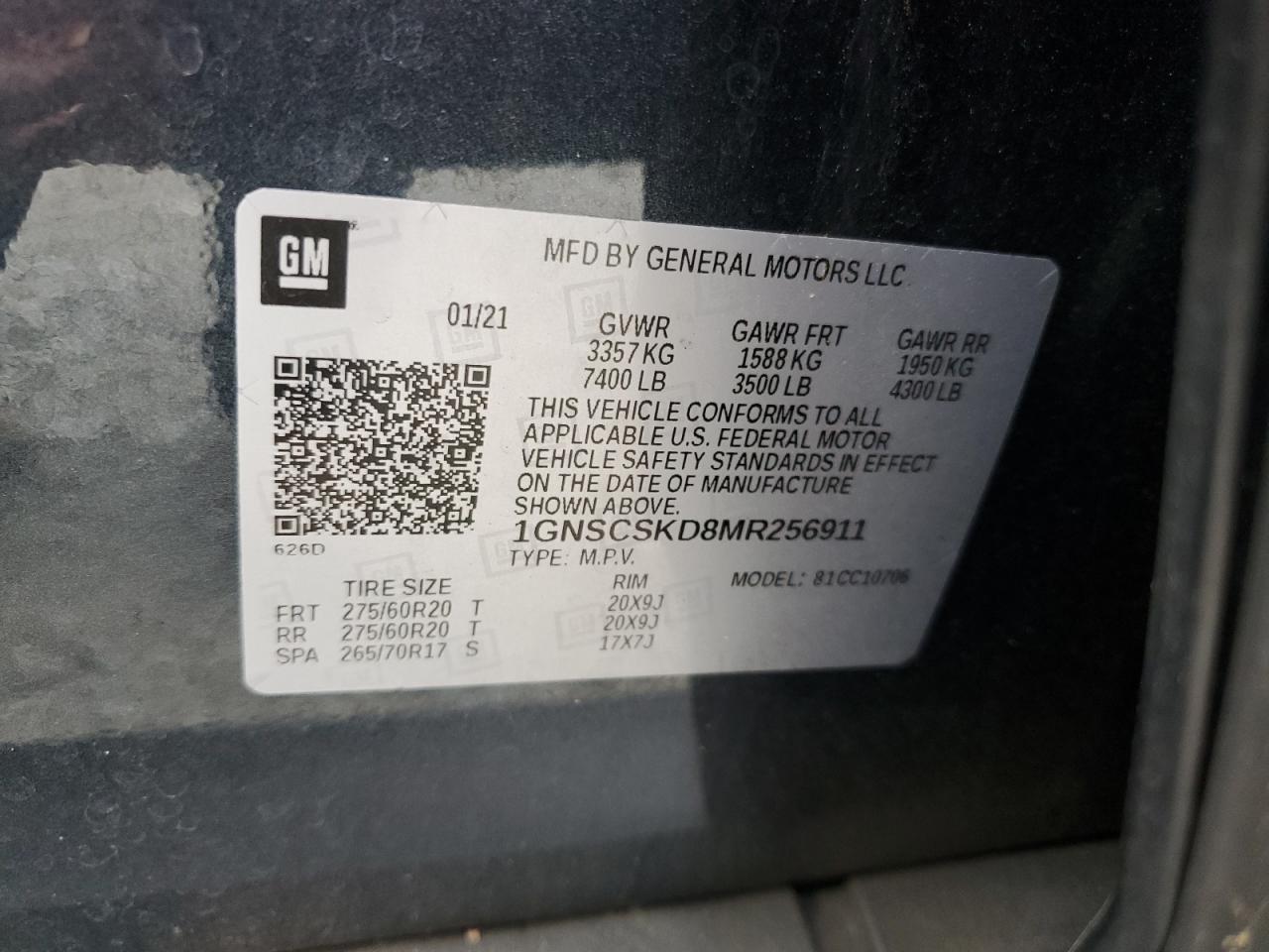 2021 Chevrolet Tahoe VIN 1GNSCSKD8MR256911 Copart auction photo, all over damage thumbnail 13