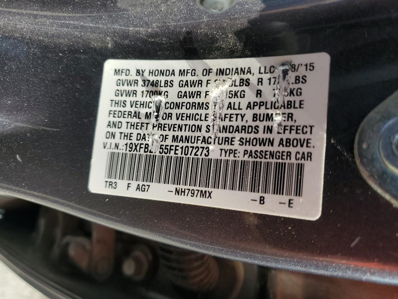 2015 Honda Civic VIN 19XFB2F55FE107273 Copart auction photo, rollover / water/flood damage thumbnail 12