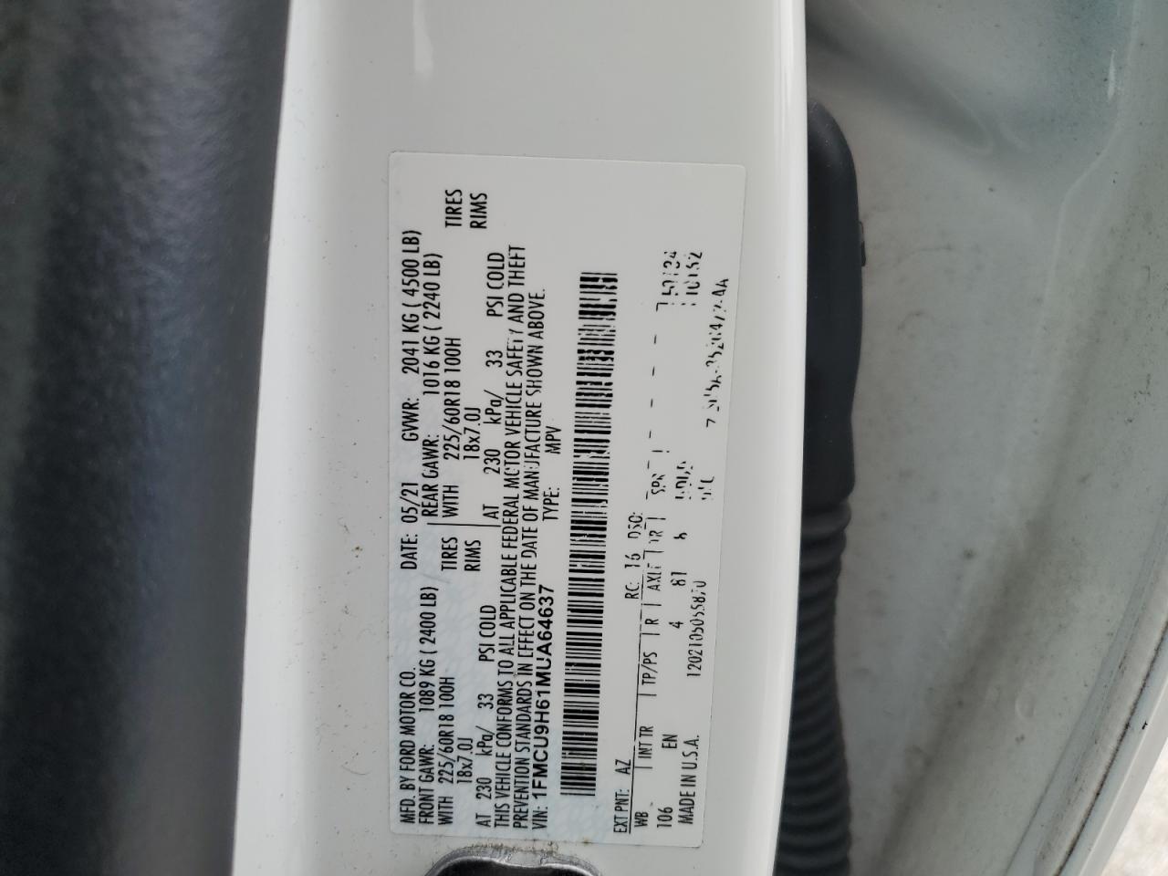 2021 Ford Escape VIN 1FMCU9H61MUA64637 Copart auction photo, front end damage thumbnail 13
