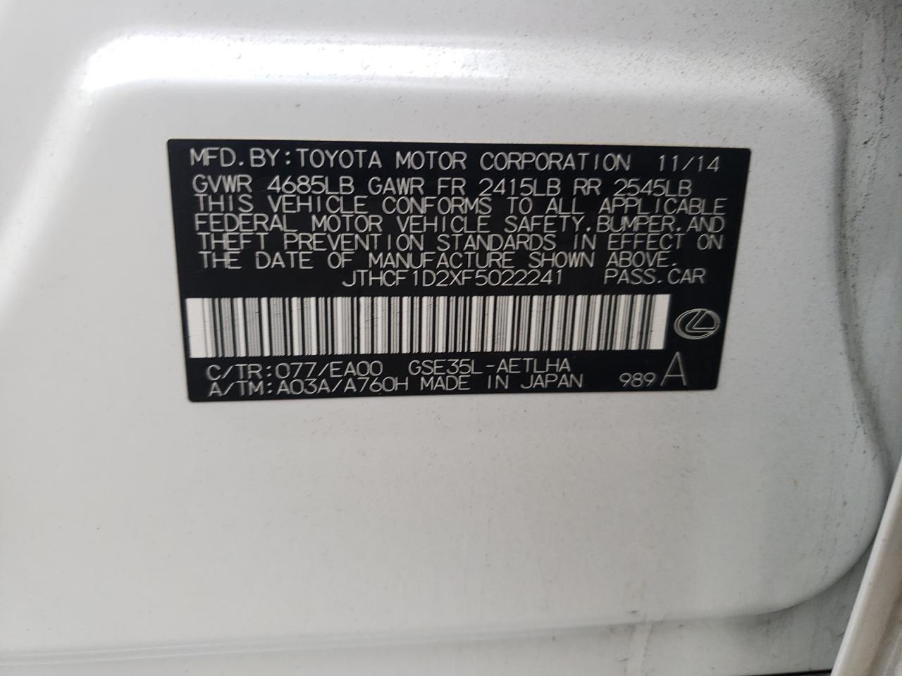 2015 Lexus IS VIN JTHCF1D2XF5022241 Copart auction photo, front end damage thumbnail 10