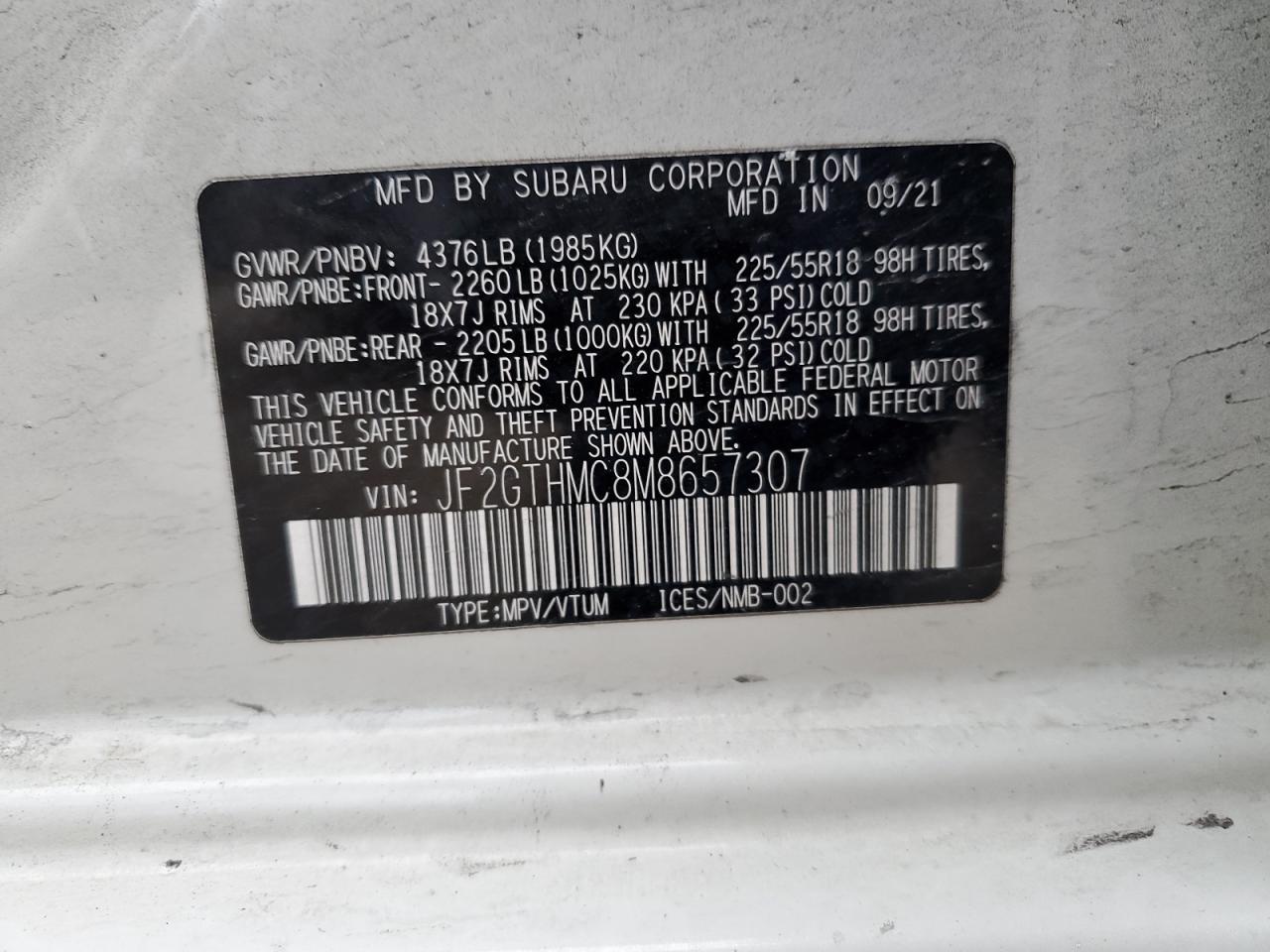 2021 Subaru XV VIN JF2GTHMC8M8657307 Copart auction photo, side / rear end damage thumbnail 13