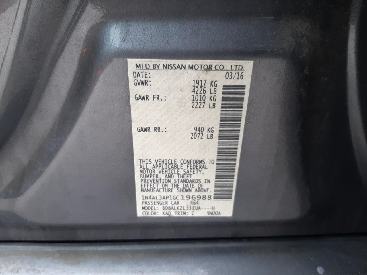 2016 Nissan Altima VIN 1N4AL3AP1GC196988 Copart auction photo, front end damage thumbnail 13