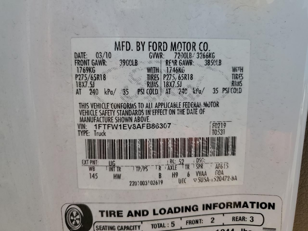 2010 Ford F-150 VIN 1FTFW1EV8AFB86307 Copart auction photo, side / minor dent/scratches damage thumbnail 12