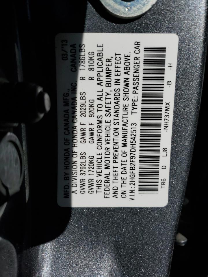 2013 Honda Civic VIN 2HGFB2F97DH542513 Copart auction photo, front end damage thumbnail 13
