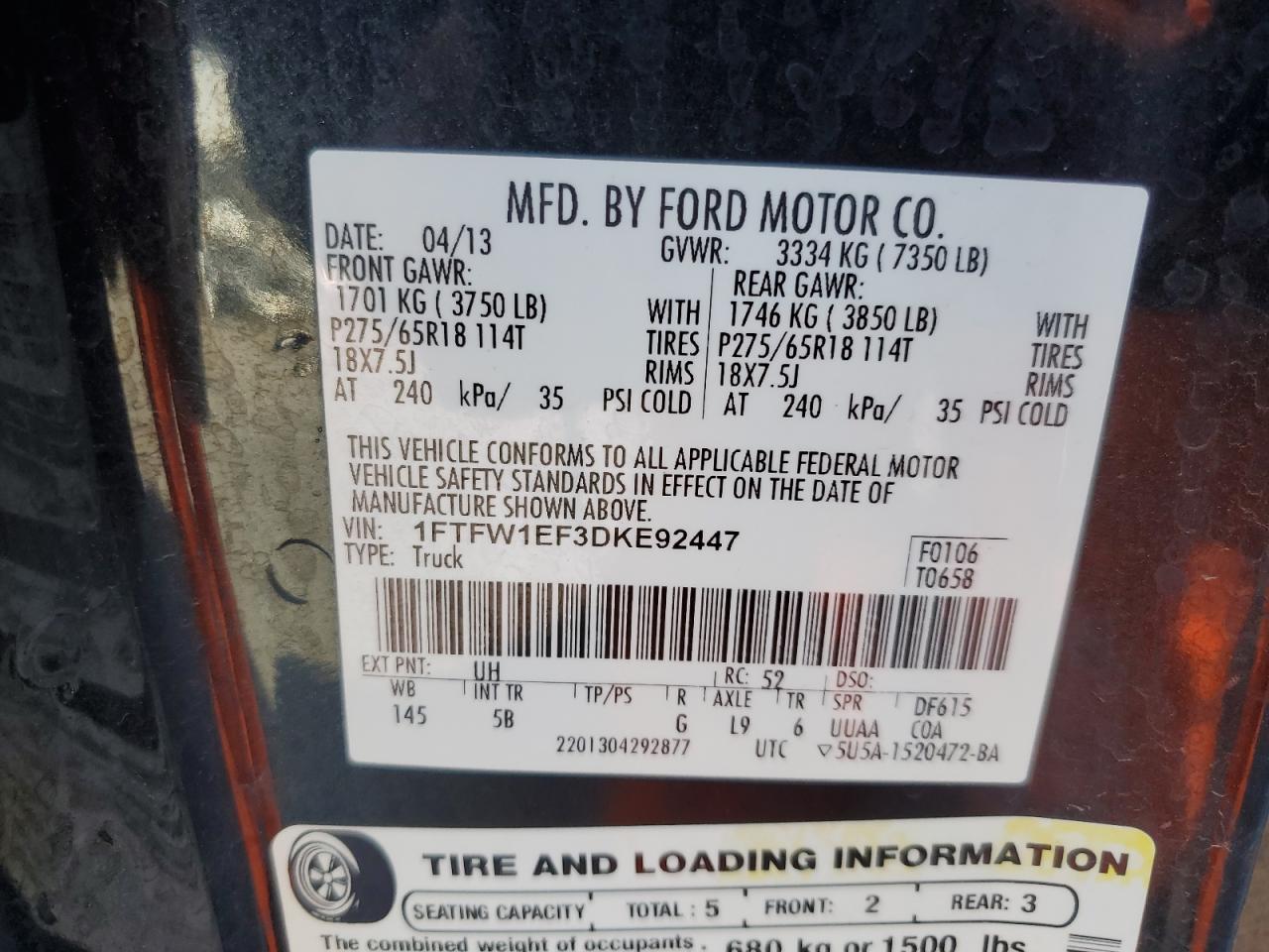 2013 Ford F-150 VIN 1FTFW1EF3DKE92447 Copart auction photo, side / minor dent/scratches damage thumbnail 14
