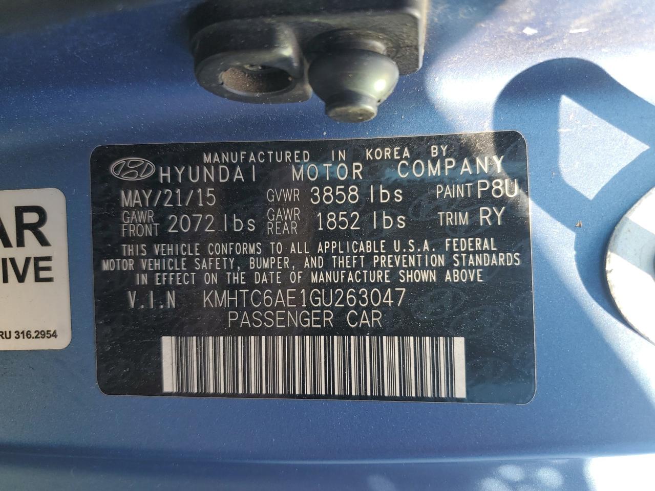 2016 Hyundai Veloster VIN KMHTC6AE1GU263047 Copart auction photo, all over damage thumbnail 14
