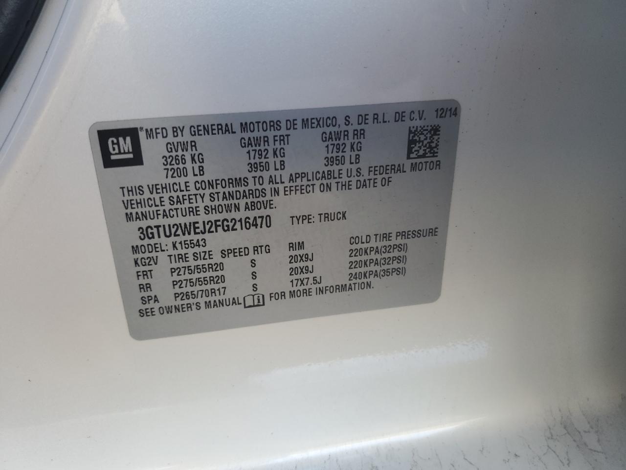 2015 GMC Sierra VIN 3GTU2WEJ2FG216470 Copart auction photo, front end damage thumbnail 14