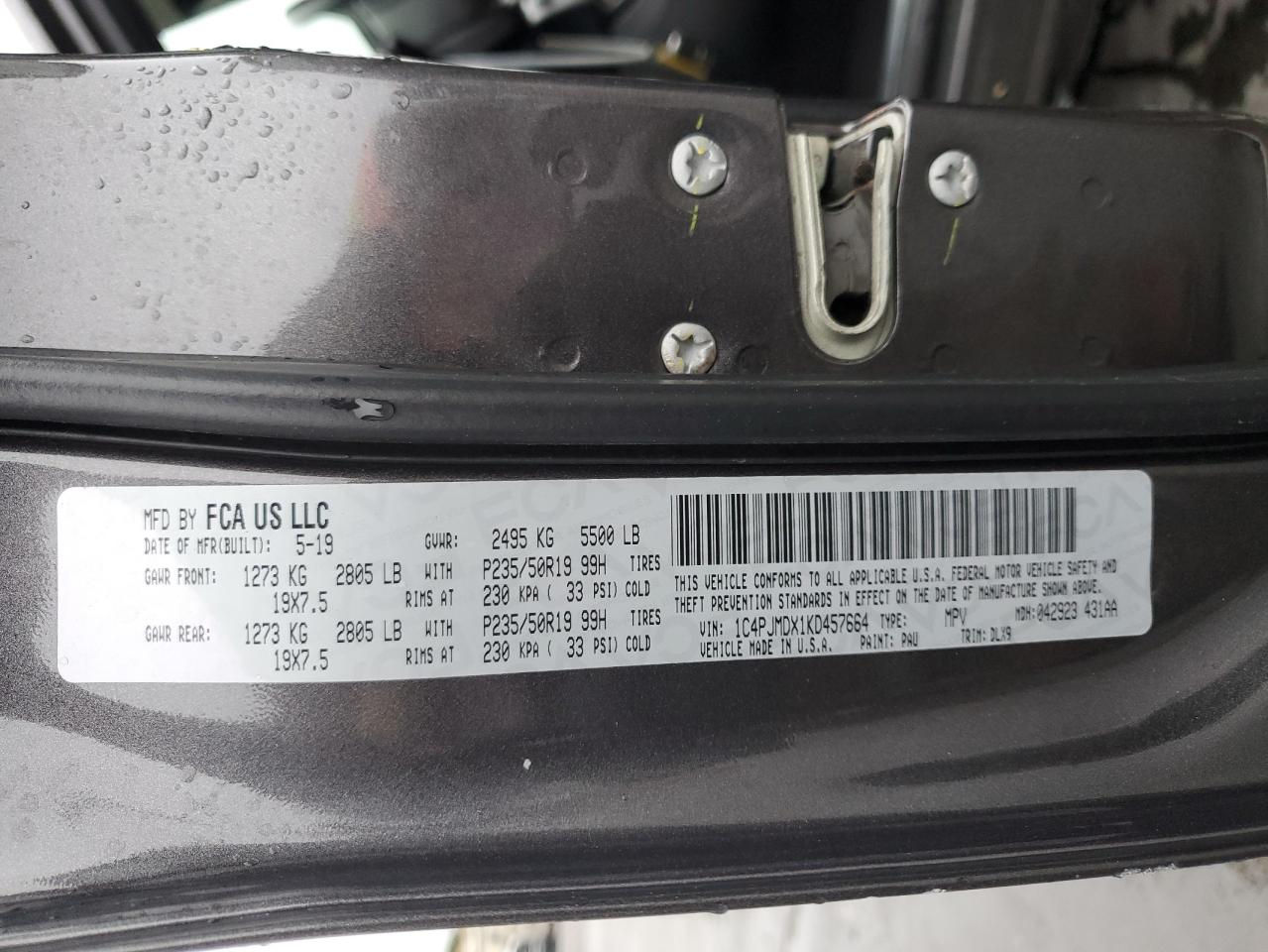 2019 Jeep Grand Cherokee VIN 1C4PJMDX1KD457664 Copart auction photo, front end / all over damage thumbnail 14