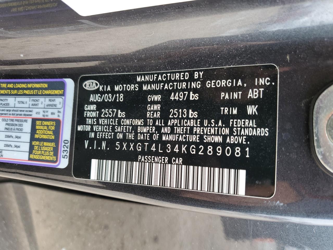 2019 KIA Optima VIN 5XXGT4L34KG289081 Copart auction photo, front end damage thumbnail 13