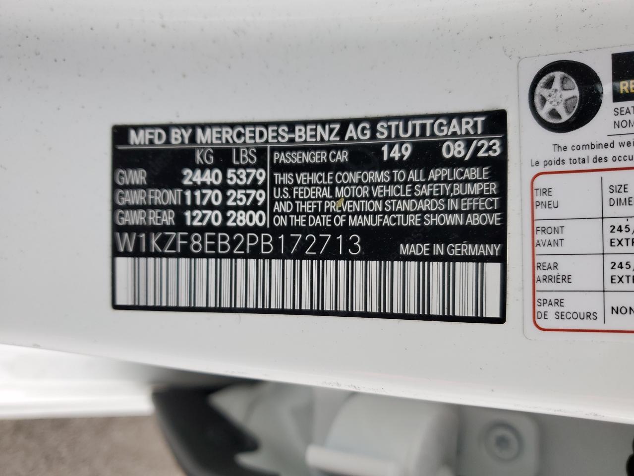 2023 Mercedes-Benz E-klasse VIN W1KZF8EB2PB172713 Copart auction photo, front end damage thumbnail 13