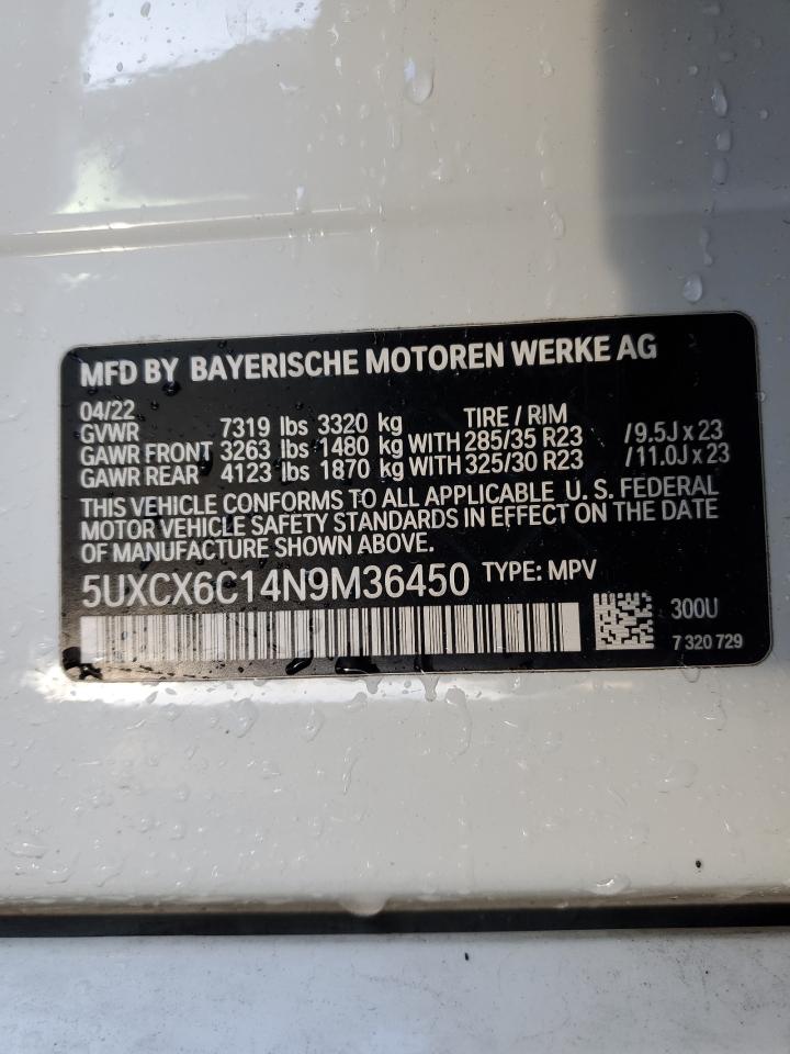 2022 BMW X7 VIN 5UXCX6C14N9M36450 Copart auction photo, front end / side damage thumbnail 14