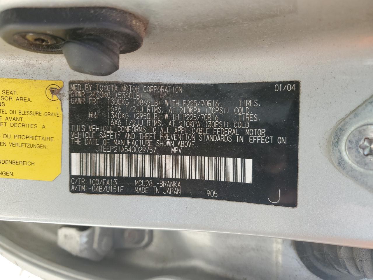 2004 Toyota Highlander VIN JTEEP21A540029757 Copart auction photo, front end damage thumbnail 12