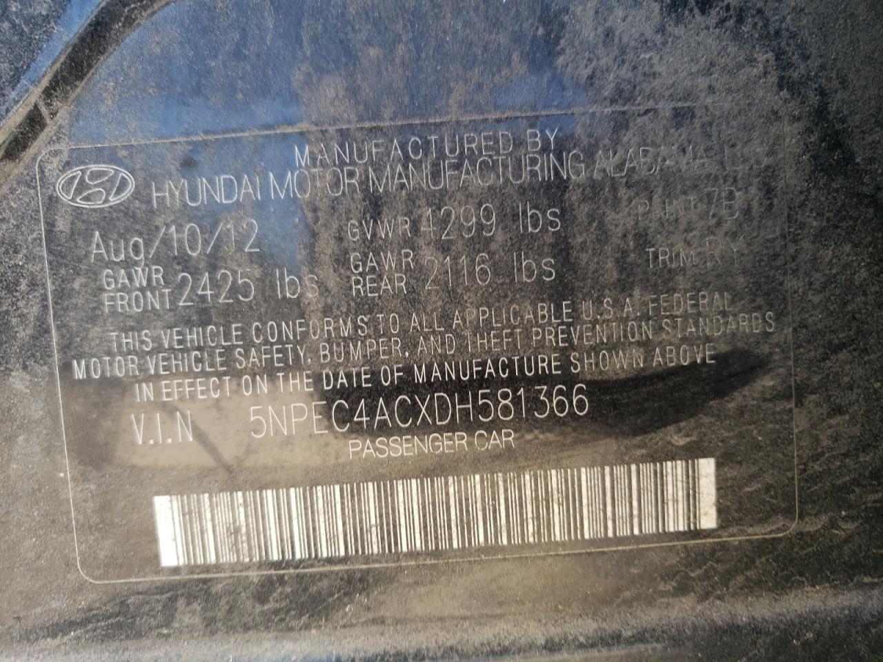 2013 Hyundai Sonata VIN 5NPEC4ACXDH581366 Copart auction photo, all over damage thumbnail 14