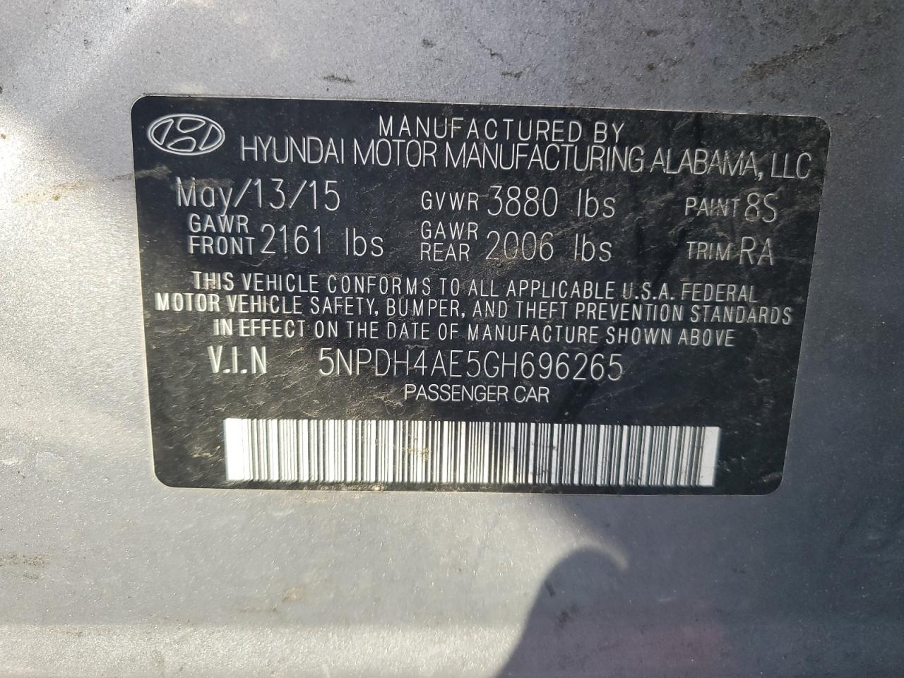2016 Hyundai Elantra VIN 5NPDH4AE5GH696265 Copart auction photo, front end damage thumbnail 12