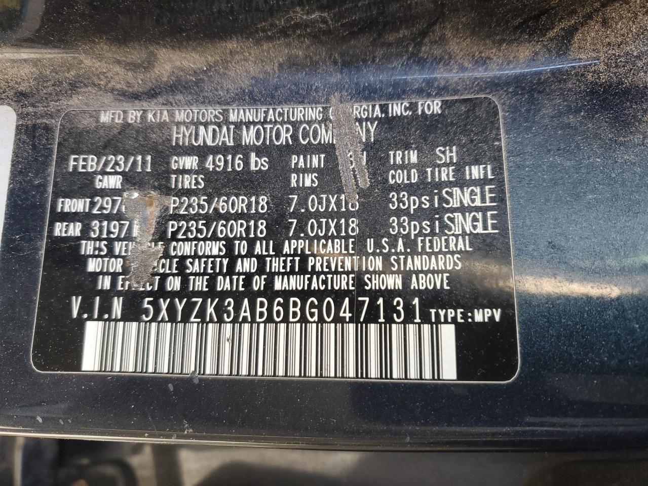 2011 Hyundai Santa Fe VIN 5XYZK3AB6BG047131 Copart auction photo, front end / side damage thumbnail 14