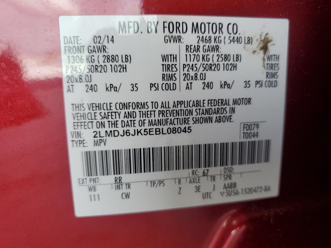 2014 Lincoln MKX VIN 2LMDJ6JK5EBL08045 Copart auction photo, front end / minor dent/scratches damage thumbnail 14