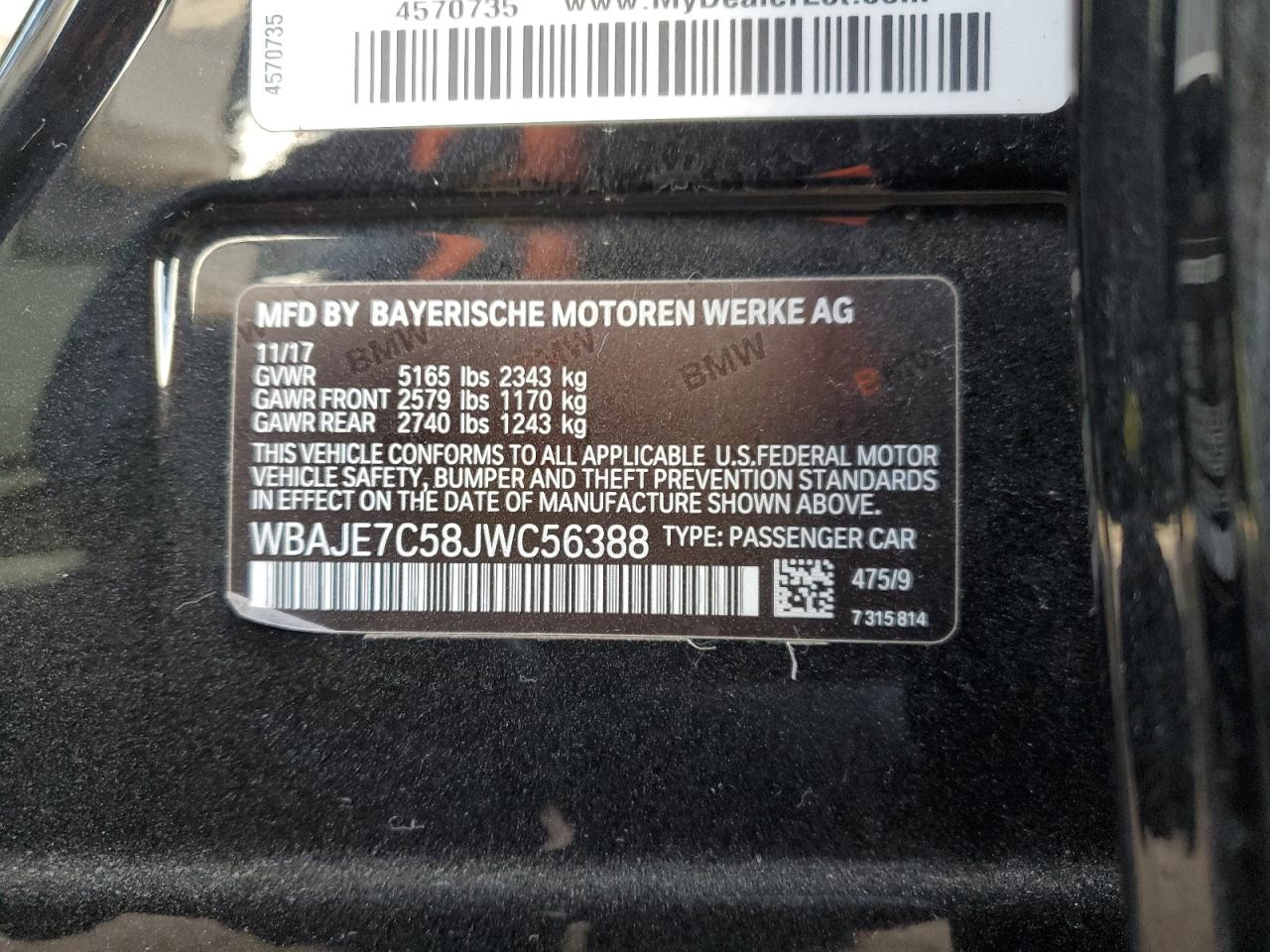 2018 BMW 5er VIN WBAJE7C58JWC56388 Copart auction photo, rear end / side damage thumbnail 13