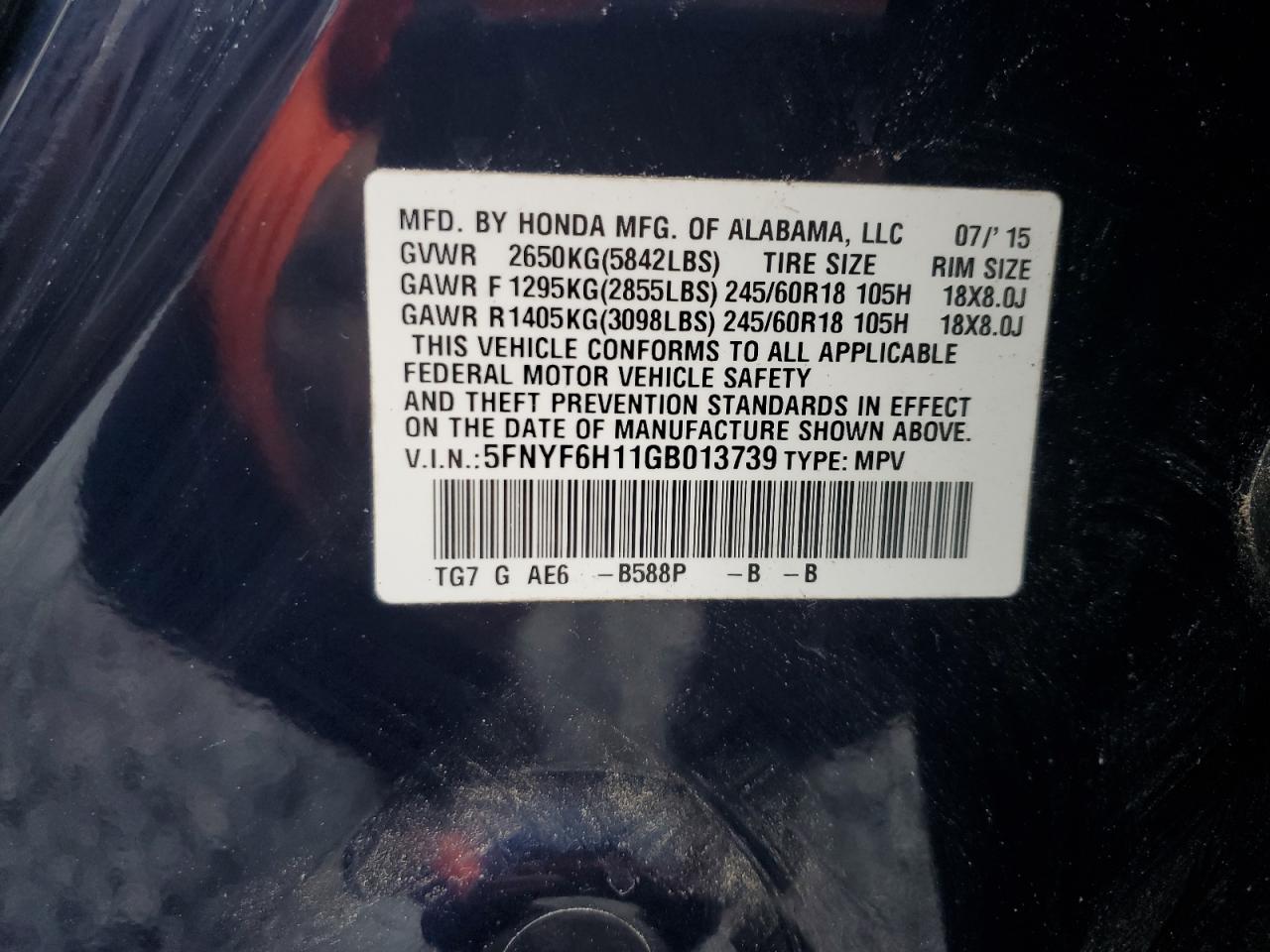 2016 Honda Pilot VIN 5FNYF6H11GB013739 Copart auction photo, side damage thumbnail 13