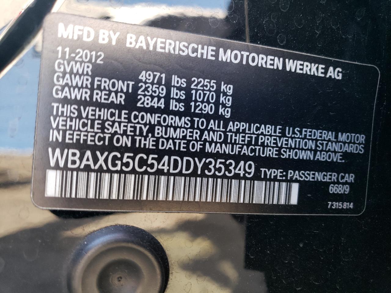 2013 BMW 5er VIN WBAXG5C54DDY35349 Copart auction photo, mechanical damage thumbnail 12