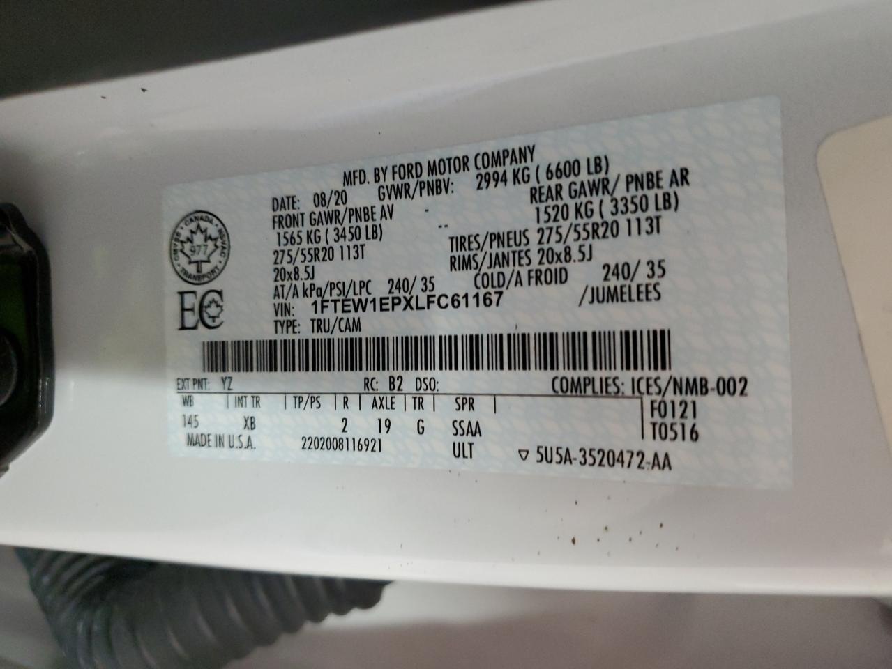 2020 Ford F-150 VIN 1FTEW1EPXLFC61167 Copart auction photo, rear end / undercarriage damage thumbnail 12