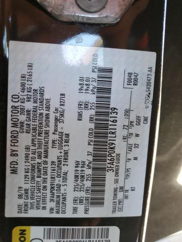 2020 Ford Fusion VIN 3FA6P0K91LR116139 Copart auction photo, rear end / minor dent/scratches damage thumbnail 13
