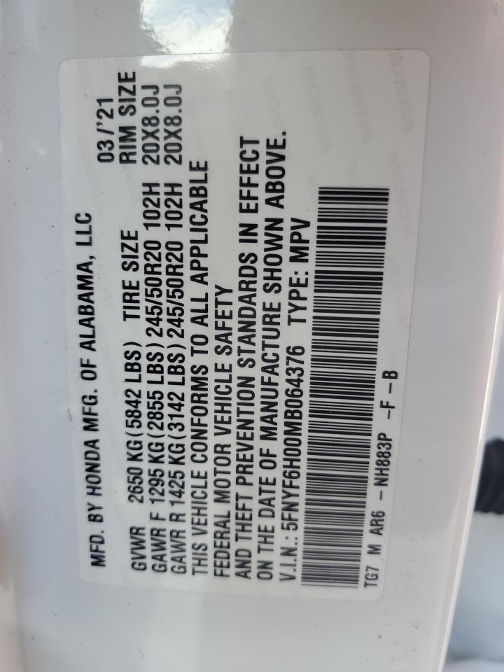 2021 Honda Pilot VIN 5FNYF6H00MB064376 Copart auction photo, rollover damage thumbnail 14