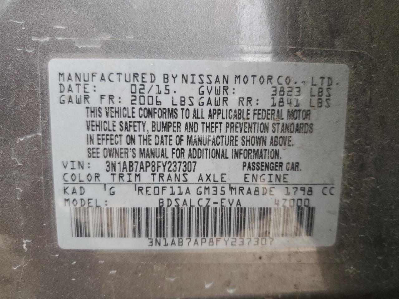 2015 Nissan Sentra VIN 3N1AB7AP8FY237307 Copart auction photo, front end damage thumbnail 14